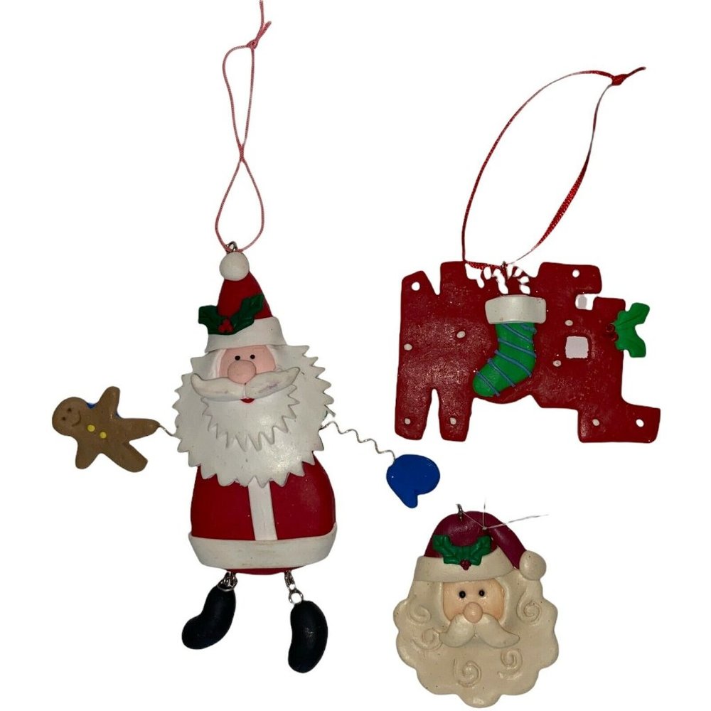 3 Vintage Clay Dough Christmas Tree Ornaments Santa Noel